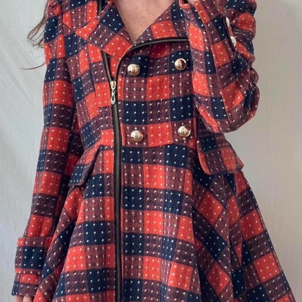 Plaid Orange/Red and Blue Coat with Gold Buttons